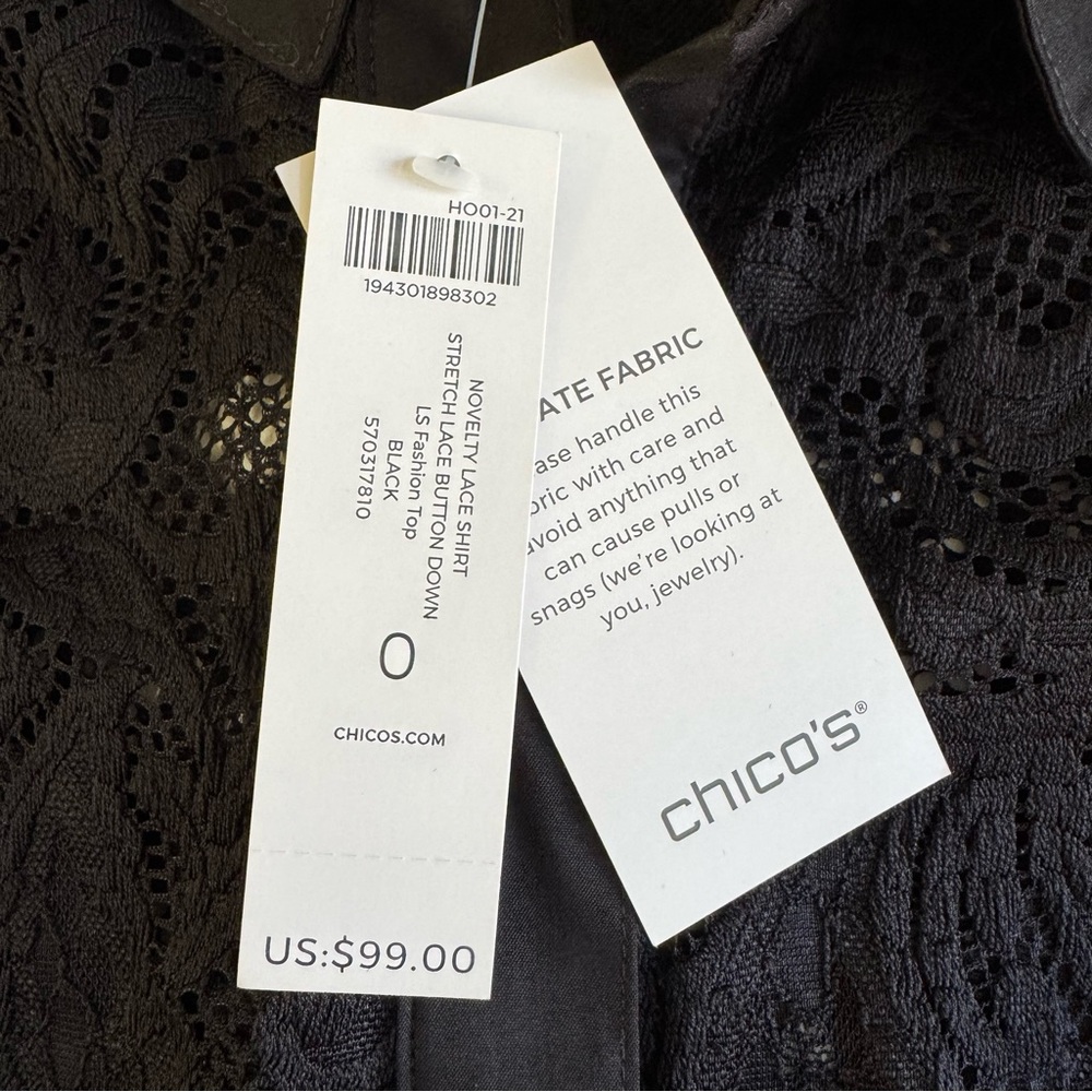 Chico's Black Lace Long Sleeve Blouse Sz S - Picture 6 of 11
